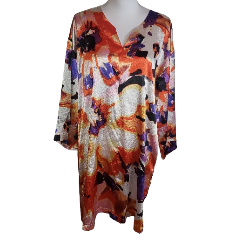 Natori Satin Abstract Floral Print Tunic Shirt Size Large 3/4 Sleeves V-Neck Top